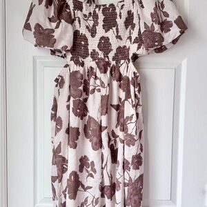 Blush Size 2X Floral Smocked Midi Dress Side Cutout Puff Sleeve